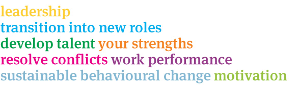 leadership | transition into new roles | develop talent | your strengths | resolve conflicts | work performance | sustainable behavioural change | motivation